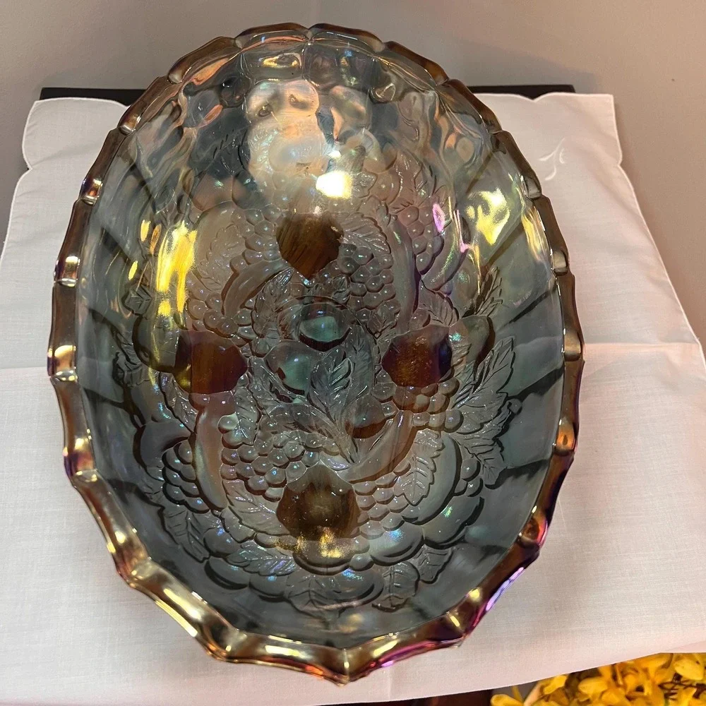 Vintage Carnival Glass Blue Iridescent Footed Fruit Bowl Harvest Pattern 12
